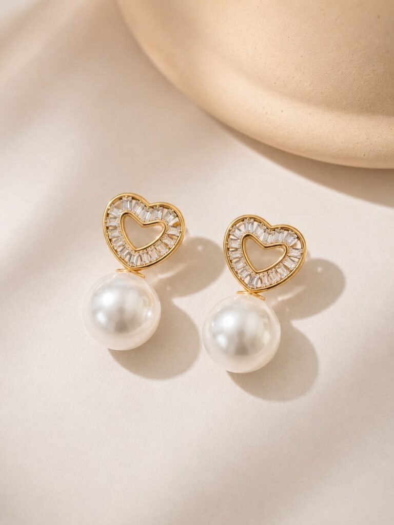Crystal Heart Pearl Drop Earrings