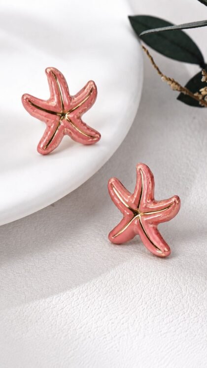Coral Pink & Gold Starfish Earrings